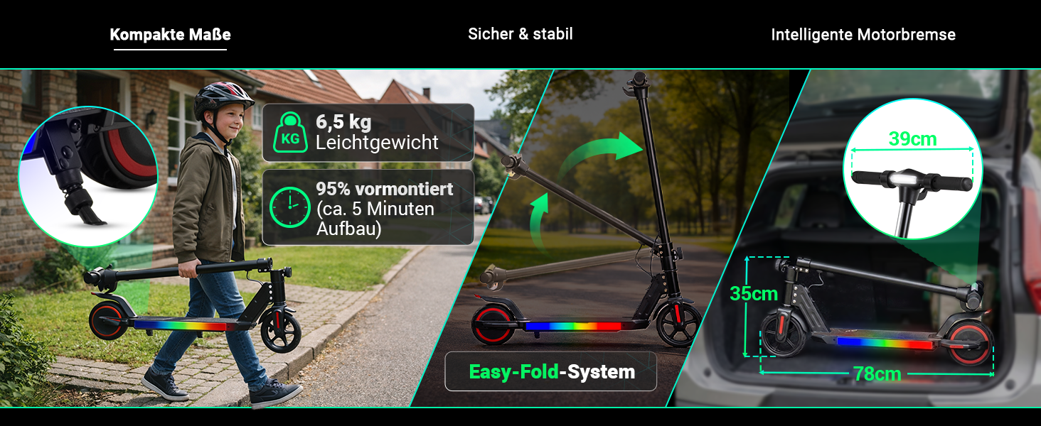 Kompakte Maße E-Scooter mit Easy-Fold-System, geringem Gewicht und kompakten Maßen für einfachen Transport